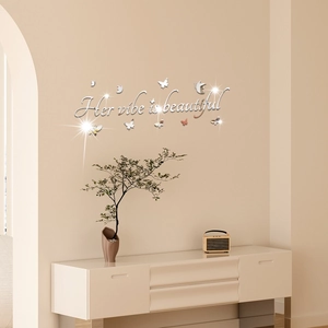 Sticker mural moderne en acrylique avec texte Her vibe is beautiful et papillons