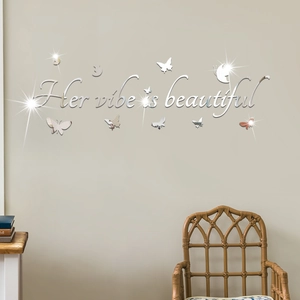 Autocollant Mural Miroir 3D Acrylique Citation Her Vibe Is Beautiful Papillon DIY Peinture Murale Pour Salon Chambre Maison