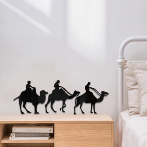 Black acrylic mirror wall stickers featuring camel caravan silhouette for living room decor