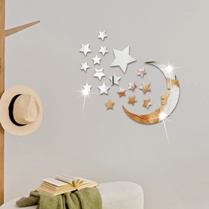 Detail of 3D acrylic mirror wall stickers with crescent moon and stars for bedroom decor