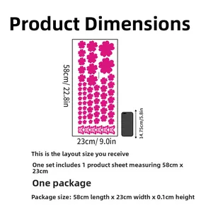 Detailed size chart for pink flower wall sticker set measuring 58cm by 23cm