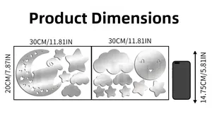 Detailed size specifications for acrylic moon and star mirror wall stickers with dimensions