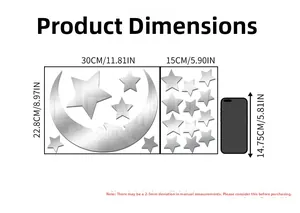 Detailed size layout of moon and stars acrylic mirror wall decals with mobile reference
