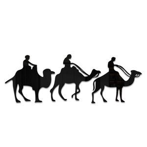 Detail view of black acrylic mirror wall stickers featuring camel caravan silhouettes