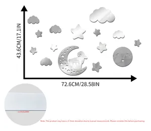 Acrylic mirror wall sticker set with moon and stars design showing 0.1cm thickness details