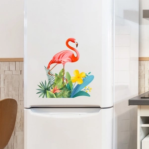 Pink flamingo wall sticker with tropical palm leaves for home living room decor