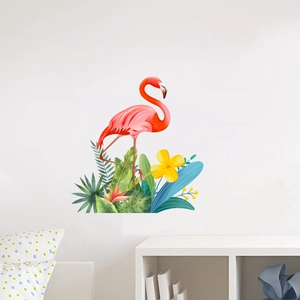 Pink flamingo wall stickers with tropical leaves for a modern home living room decor