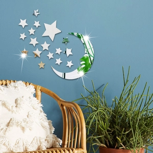 Silver mirror moon and stars wall stickers set for bedroom and living room decor