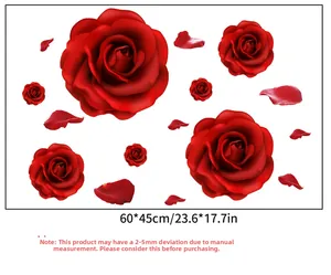 Detailed sheet layout of red rose wall stickers with 60x45cm dimensions and petals