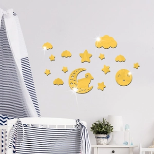 Golden acrylic mirror wall stickers with moon, stars and clouds for nursery home decor