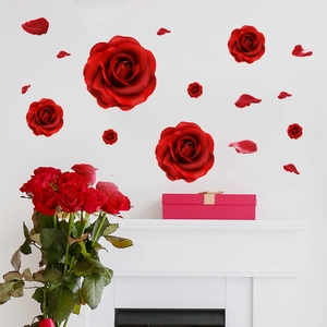 Romantic red rose wall decal set with falling petals for living room home decoration