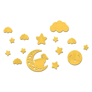 Golden acrylic moon and stars mirror wall sticker set featuring clouds and sheep