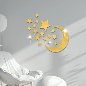 Golden acrylic mirror moon and stars wall stickers for modern bedroom home decoration