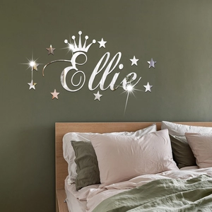 Detail of mirrored acrylic wall sticker Ellie with stars on a dark green wall