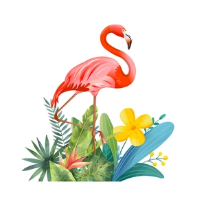 Watercolor flamingo wall decal with tropical palm leaves and exotic monstera greenery