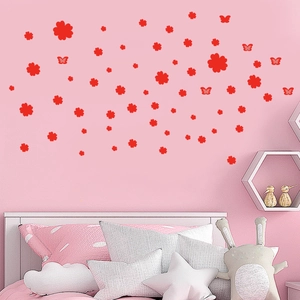 Vibrant red flower and butterfly wall decals for home bedroom decoration on pink walls