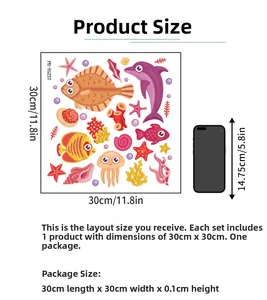 Size guide for luminous ocean creature wall decals showing 30x30 cm dimensions vs phone