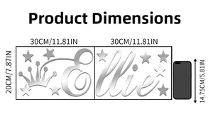 Detail view of acrylic mirror wall decal showing Ellie name with crown and stars dimensions