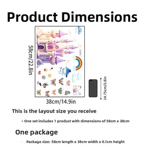 Dimensions détaillées stickers muraux château papillon arc-en-ciel avec échelle mobile