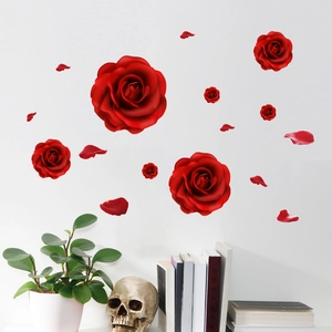 Romantic red rose wall decals for home decor featuring realistic petals on white wall