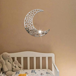 Adesivi murali specchiati a forma di luna in acrilico argento per decoro camera