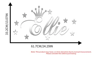 Detailed dimension guide for Ellie name acrylic wall sticker with stars and crown