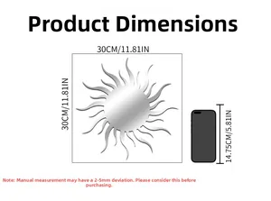 Detailed size chart for sun-shaped acrylic mirror wall stickers with dimensions 30x30 cm