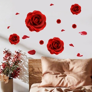 Romantic Red Rose Wall Sticker PVC Floral Pattern Removable Self Adhesive Wall Decal For Living Room Bedroom Decoration