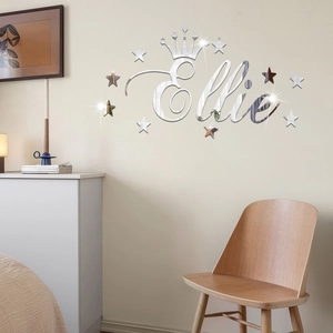 Detailed mirror view of Ellie name acrylic wall sticker with stars and crown decoration