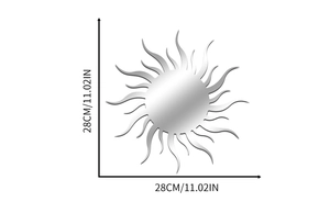 Detailed dimensions of a silver sun-shaped acrylic mirror wall sticker, measuring 28cm x 28cm