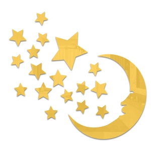 Close-up of golden acrylic mirror moon and stars stickers with reflective 3D surface finish