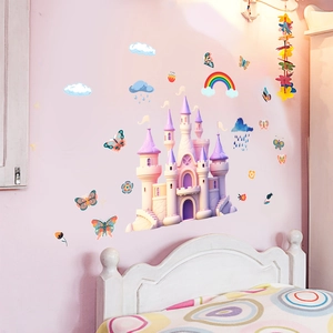 Détail des stickers muraux château papillon coloré et arc-en-ciel pour chambre enfant