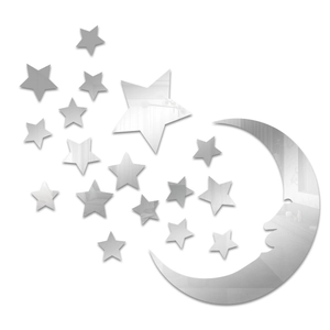 Silver mirror acrylic moon and stars wall decals for modern bedroom home decoration