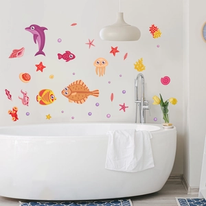 Detailed cartoon ocean themed wall stickers featuring dolphins and coral for kids bathroom