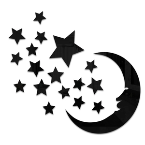 Detailed view of black 3D acrylic moon and stars mirror wall stickers set in glossy finish