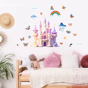 Stickers muraux château arc-en-ciel et papillons pour décor de chambre d'enfant