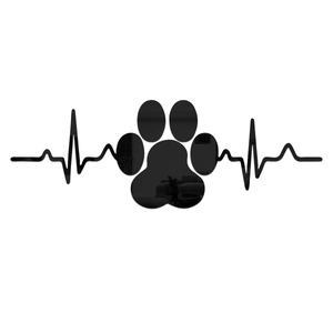 Détail de l'adhésif mural miroir en acrylique noir avec ligne EKG et motif patte d'animal