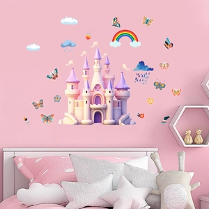 Stickers muraux château arc-en-ciel et papillons pour chambre d'enfant