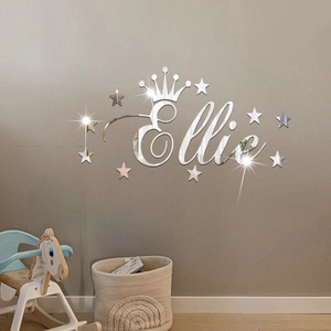 Custom silver acrylic mirror wall stickers with name Ellie, crown and stars for nursery