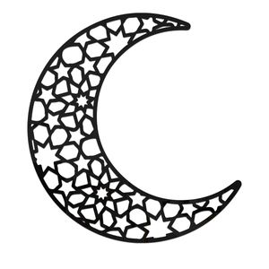Dettaglio decorazione murale luna in acrilico nero con motivi geometrici traforati