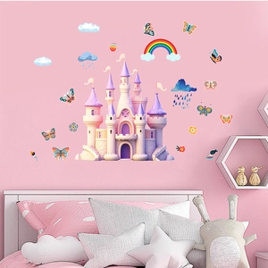 Sticker Mural Château Dessin Animé Arc-en-ciel Papillon DIY PVC pour Chambre d'Enfant Fille Décoration Conte de Fées