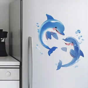 Detail of cute watercolor dolphin wall stickers applied on a white refrigerator door