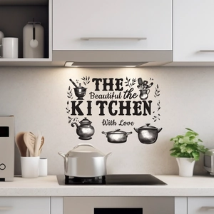 Kitchen wall decal featuring pots and plants with THE Beautiful KITCHEN With Love text