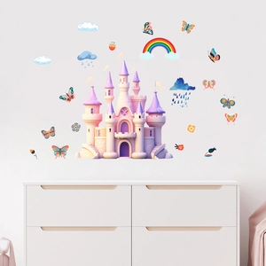 Stickers muraux château arc-en-ciel avec papillons et nuages pour chambre enfant