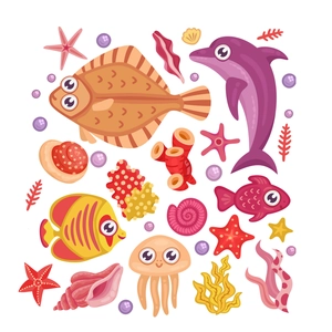 Luminous ocean creature wall stickers featuring cartoon dolphins, fish, and coral elements