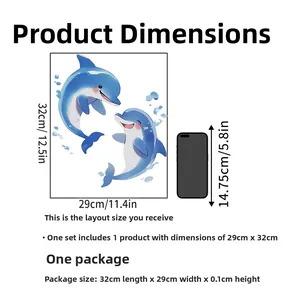 Detailed size specification for cartoon dolphin toilet wall stickers with phone scale guide