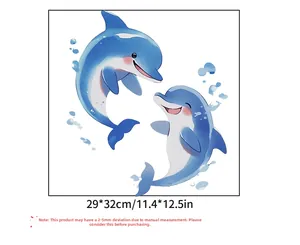 Detailed view of cute blue dolphin wall sticker with dimensions 29x32cm for bathroom decor