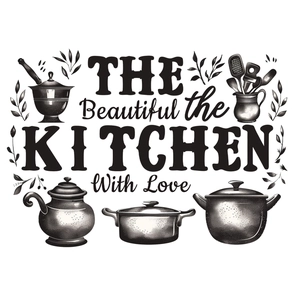 Kitchen wall decal featuring sketched cooking tools and The Beautiful Kitchen With Love text