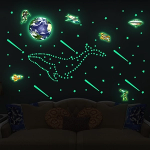 Stickers muraux lumineux montrant un astronaute et la terre brillants en vert
