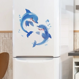 Cute jumping dolphin wall stickers for bathroom decor featuring two blue cartoon dolphins